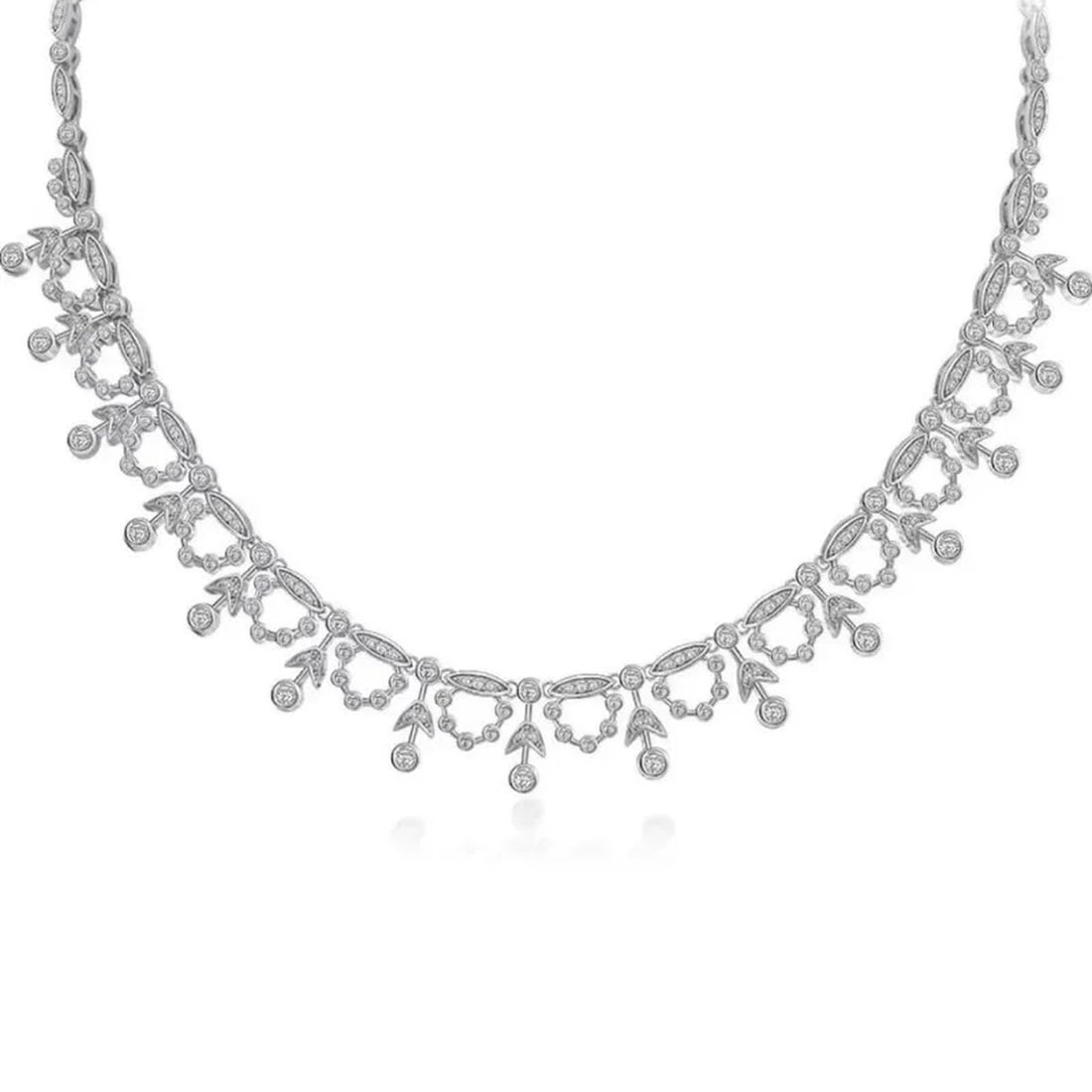 Unique Sterling Silver Zircon Botanical Scalloped Fringe Necklace: Size: Length 40 cm. Weight 32 g. Materials: 925 sterling silver, zircon, artificial gemstones Condition: New This elegant necklace features a sophisticated, articulated collar design meticulously