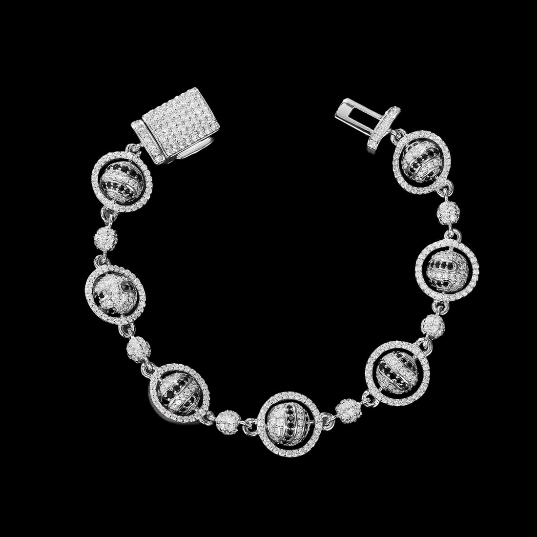 Rare Sterling Silver Moissanite Basketball Spherical Charm Bracelet: Size: Length 17.78 cm - Width 1.2 cm. Weight 0.03239 kg. Materials: 925 sterling silver, moissanite Condition: New This ornate bracelet is composed of a series of meticulously crafted,