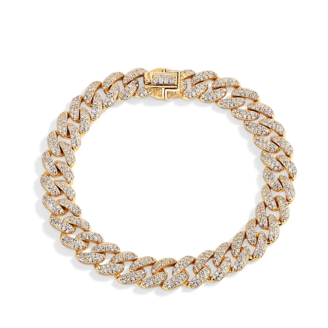 Classic Style Sterling Silver Moissanite Gold Plated Bracelet: Size: Length 17.5 cm - Width 6 mm. Weight 0.01608 kg. Materials: 925 sterling silver, moissanite, 18k gold Condition: New This luxurious Cuban link bracelet is composed of a series of thick, interlock