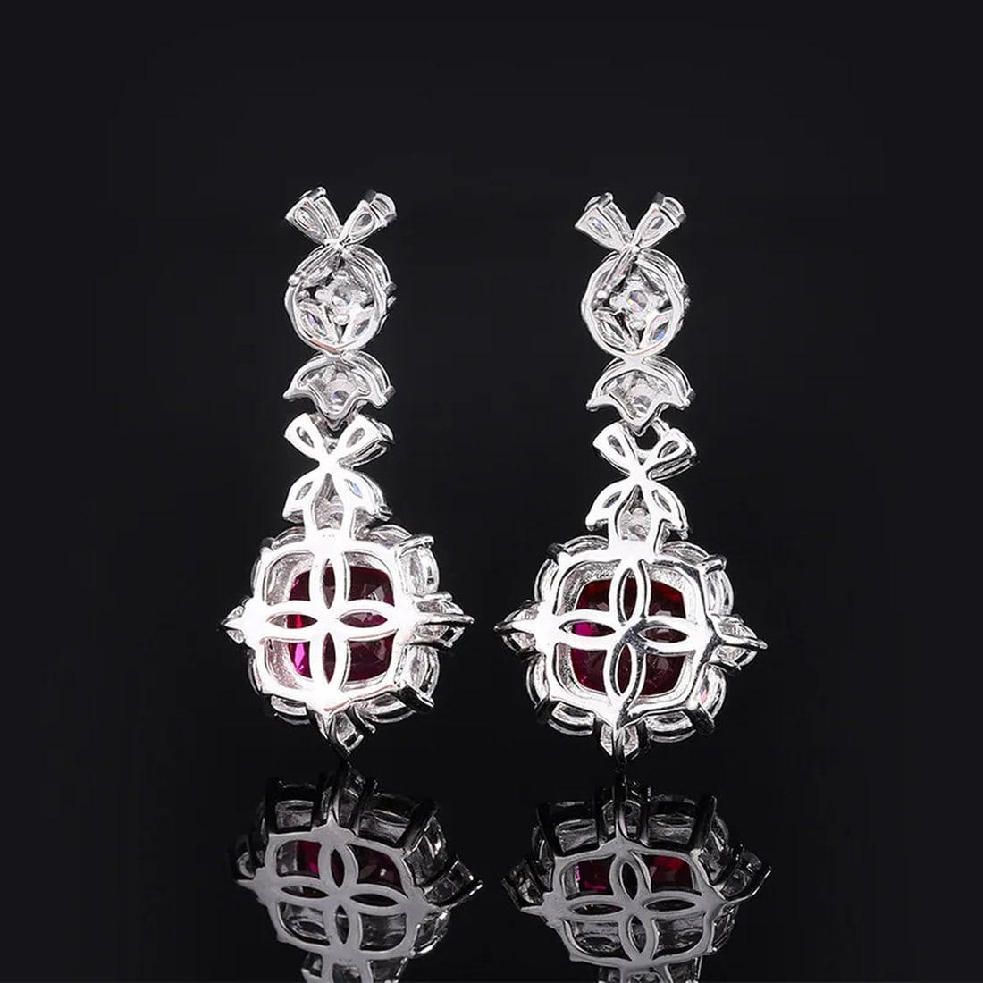 Unique Sterling Silver Zircon Artificial Ruby Drop Earrings - 2