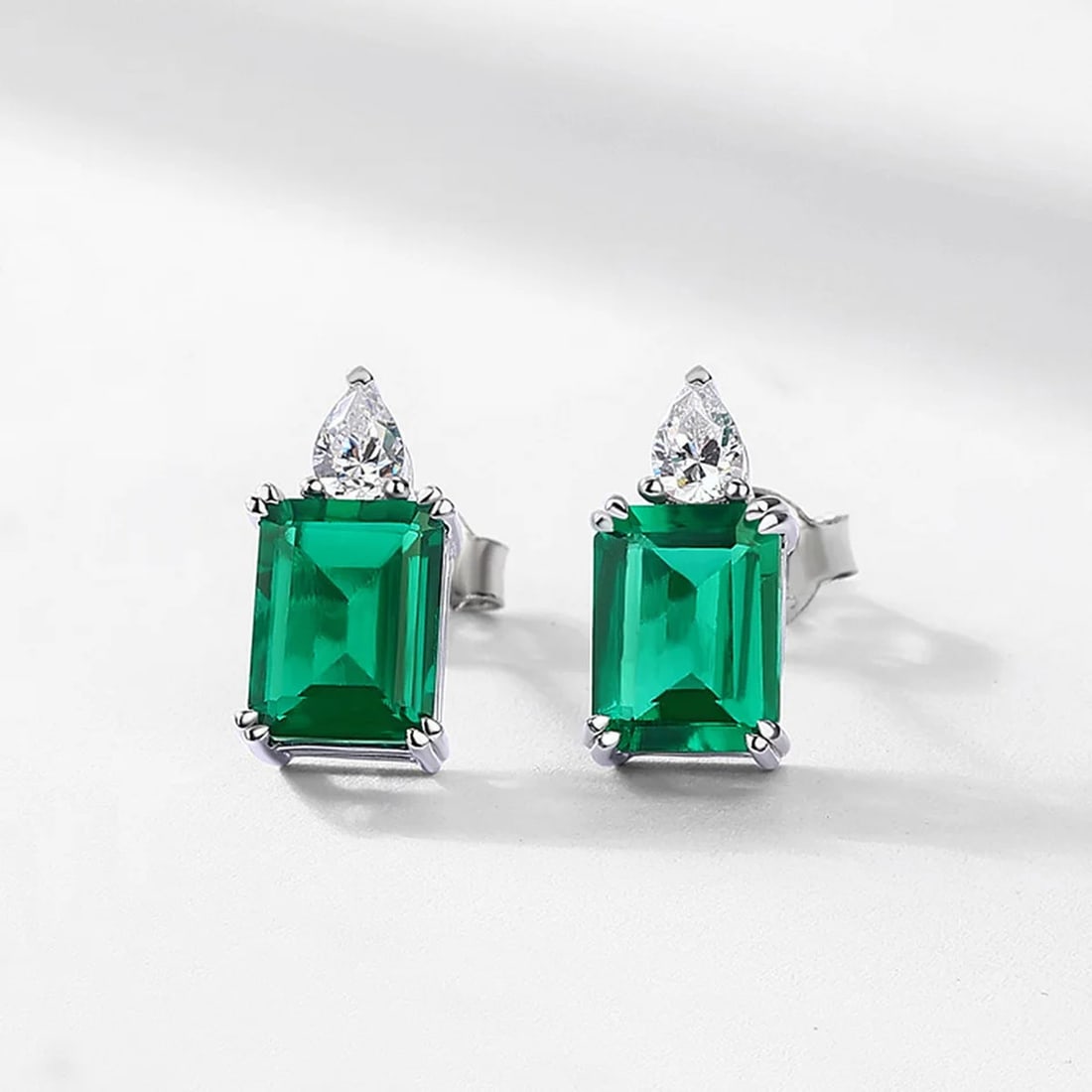 Modern Sterling Silver Artificial Emerald Rectangular Stud Earrings (1 of 3)