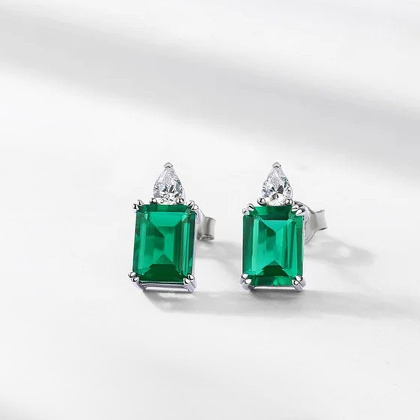 Modern Sterling Silver Artificial Emerald Rectangular Stud Earrings - 2