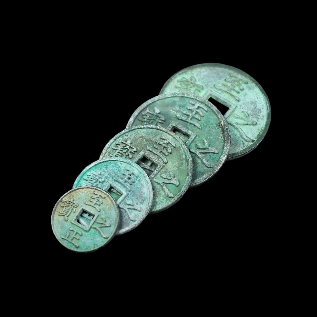 Set 5 Retro Style Chinese Biggest Smallest Coins: Size: Max Diameter 77.9 mm. Weight 310 g. Materials: Copper. Condition: Looks like vintage. This set of 5 copper coins is crafted in a vintage style and features a bold, structural profile that