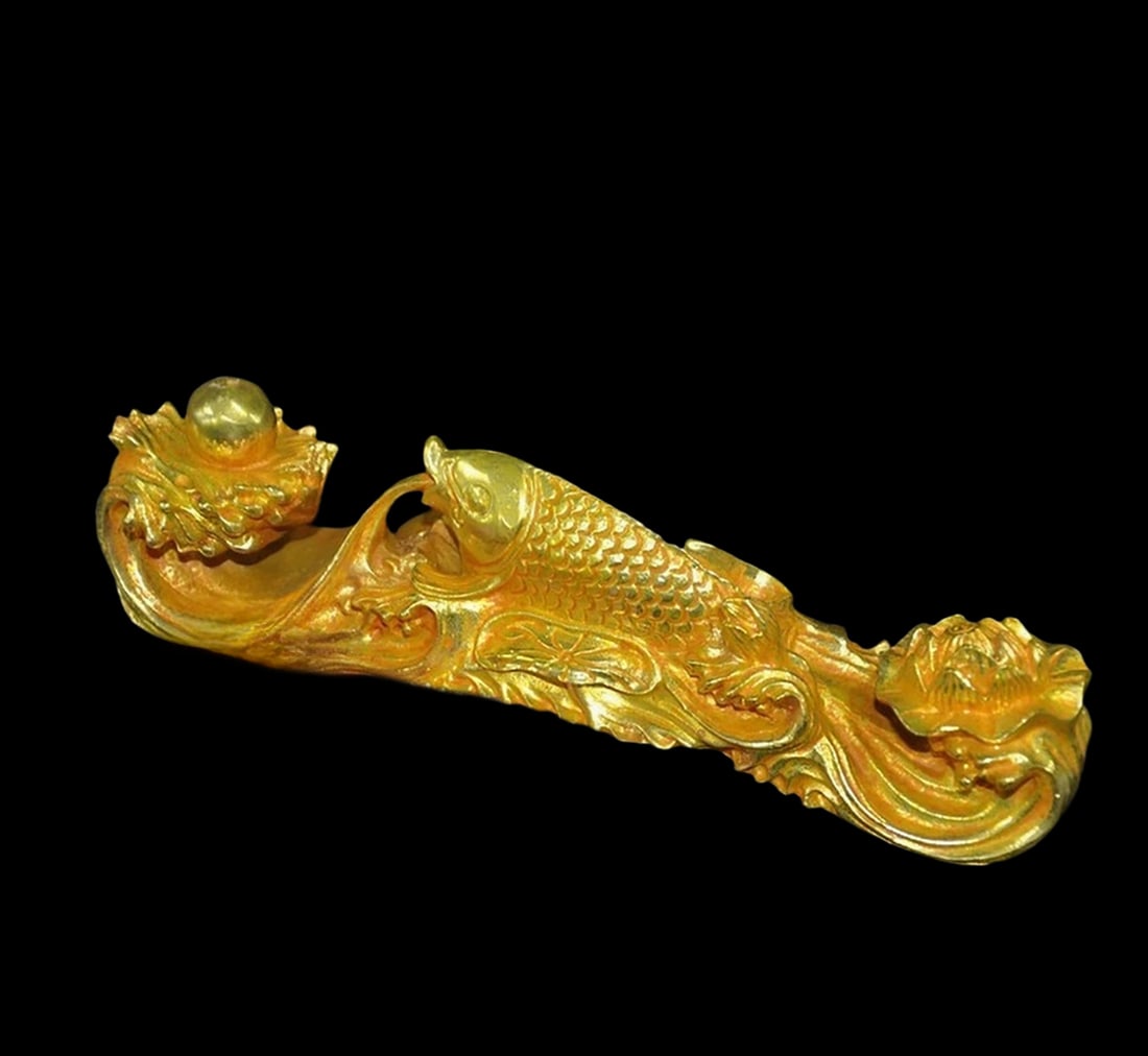 Asian Artisan Gilt Bronze Fish Ruyi Wealth Scepter (1 of 5)