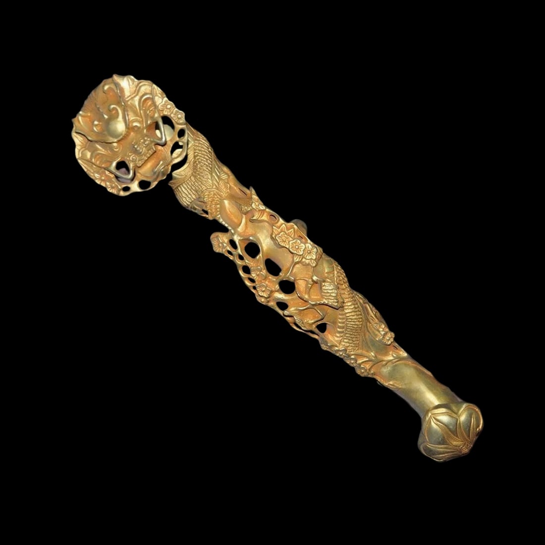 Antique Style Gilded Ru Yi Scepter Sculpture: Size: Height 42.5 cm - Length 9 cm - Width 7 cm. Weight 1.9 kg. Materials: Bronze gilt. Condition: Looks like vintage. This tall, upright Ruyi scepter is cast from heavy bronze with a vibrant gold fin