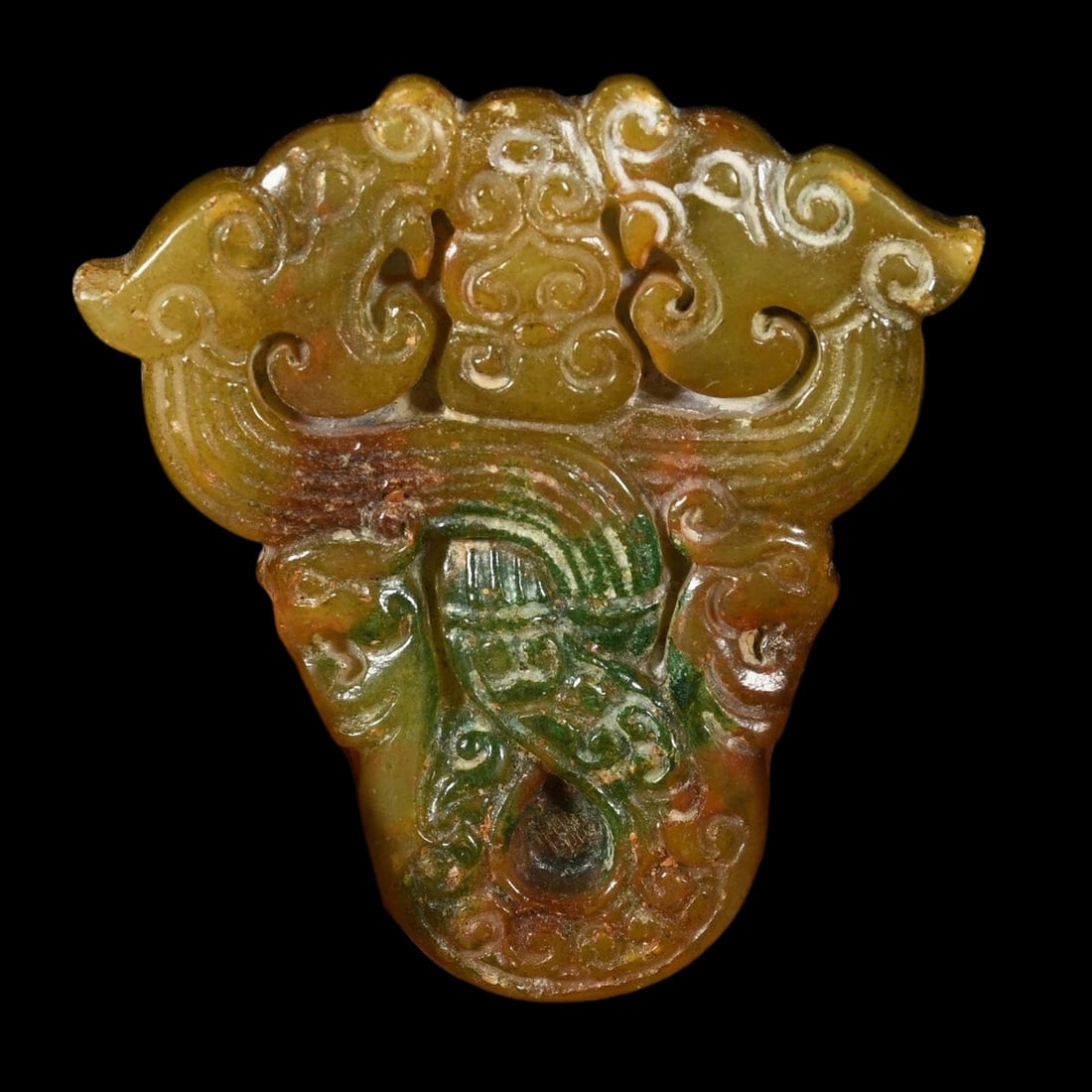 Oriental Retro Style Phoenix Dragon Mask Buckle: Size: Height 5.5 cm - Length 5 cm - Width 3 cm. Weight 0.15 kg. Materials: Jade. Condition: Looks like vintage. This accessory is expertly carved from jade in the iconic style of the Han Dynasty,