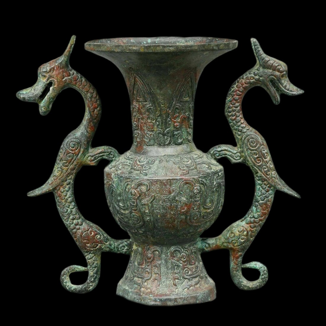 Asian Antique Style Vase Dragon Handles Pattern: Size: Height 20.8 cm - Length 24.9 cm - Width 11.9 cm. Weight 2.1 kg. Materials: Bronze. Condition: Appears to have a classic aesthetic. This vase is cast in bronze, featuring a classic “bottle