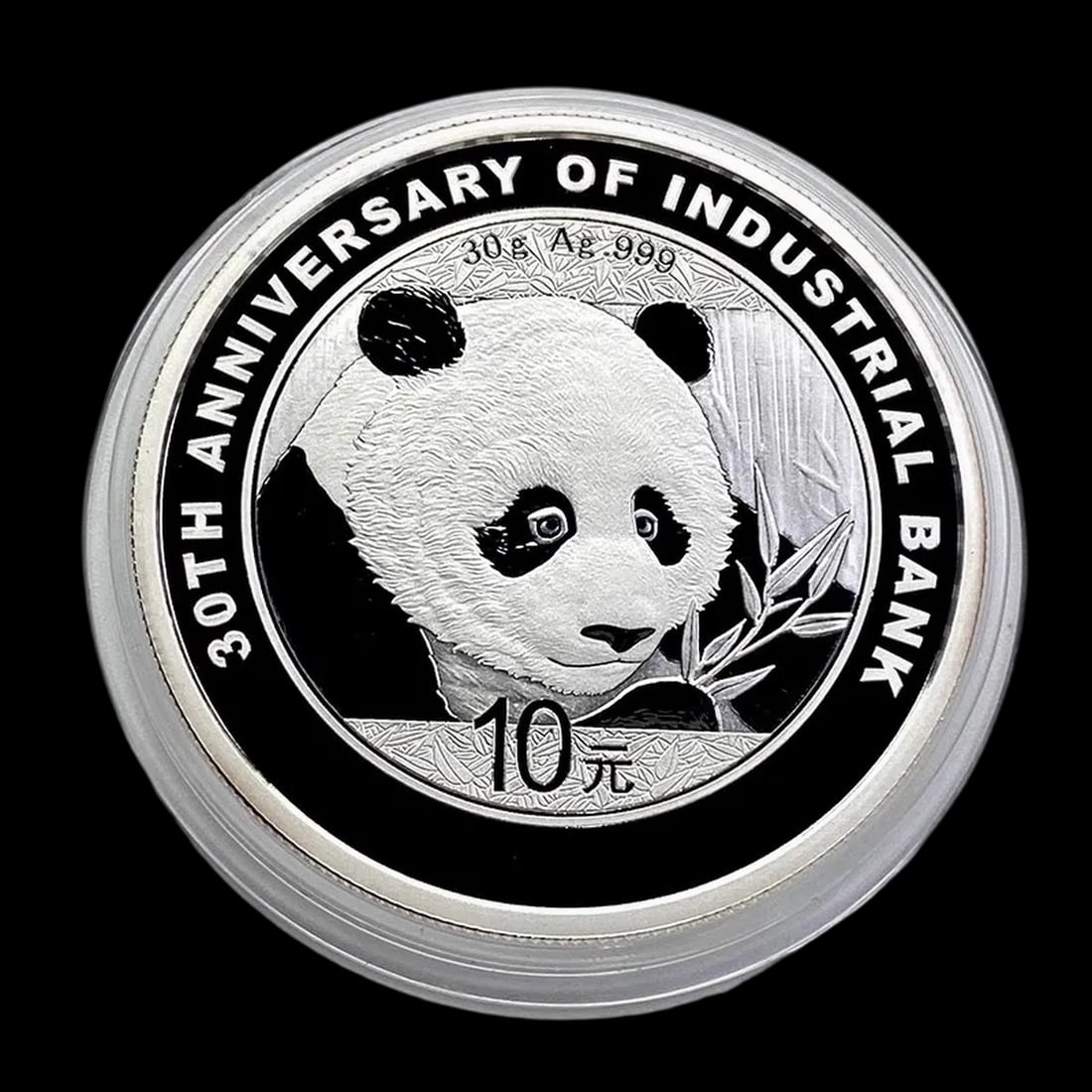 Silver Giant Panda Anniversary Architectural Hall Coin: Size: Height 4 cm - Length 4 cm - Width 0.3 cm. Weight 0.03 kg. Materials: Silver Condition: New The obverse displays a meticulously rendered giant panda, featuring fine textural details in the fur an