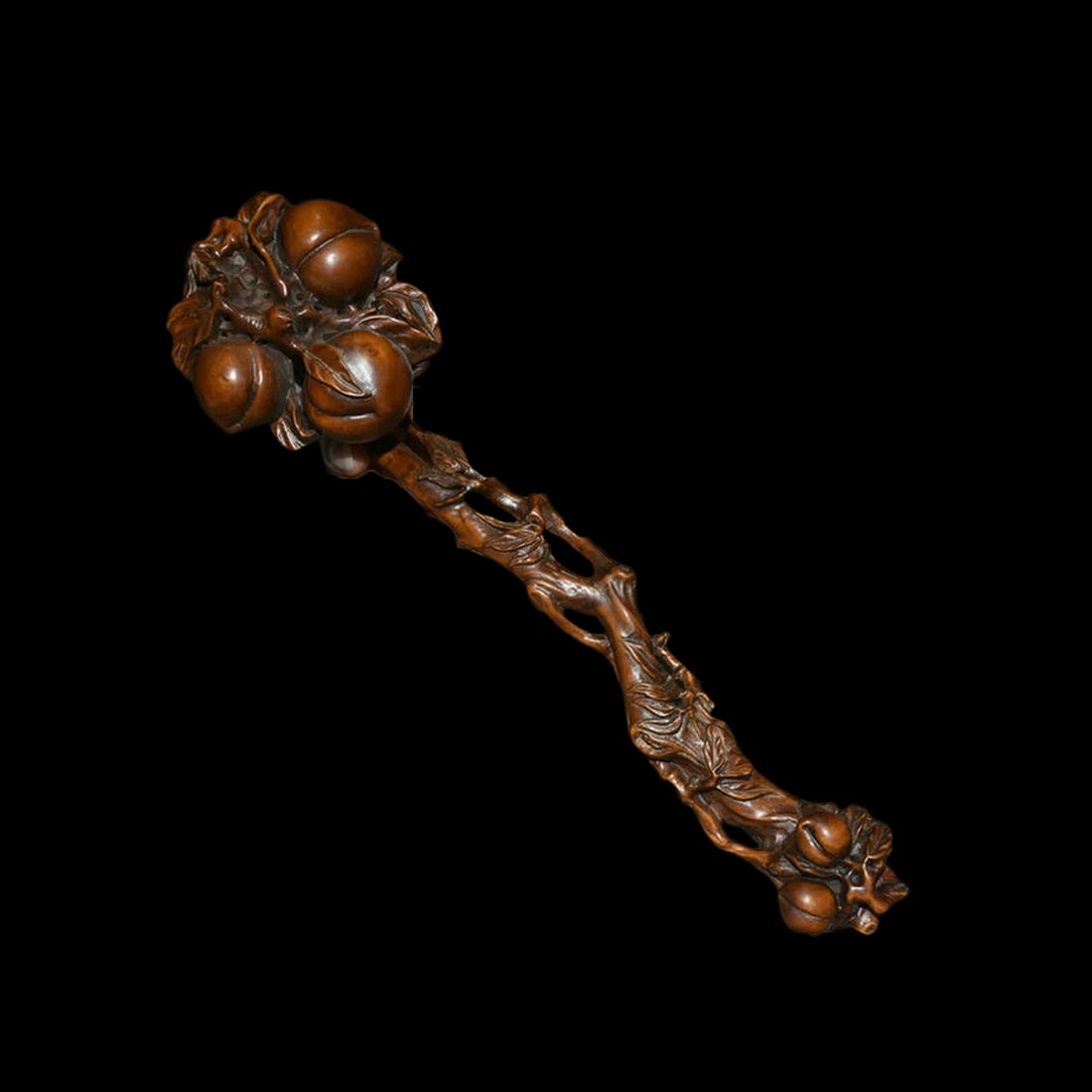 Mythic Boxwood Celestial Peach Spirit Scepter: Size: Height 5.5 cm - Length 27 cm - Width 8 cm. Weight 1.0 kg. Materials: Boxwood. Condition: Looks like vintage. This horizontal Ruyi figurine is hand-carved from a single piece of boxwood,