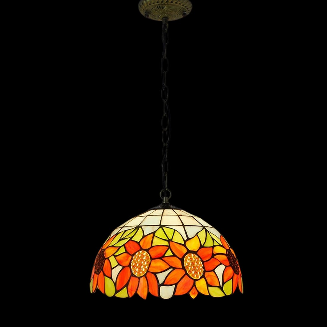 Hanging Chandelier Tiffany Style Sunflower Pattern: Size: Height 100 cm - Width 30 cm. Weight 3 kg. Materials: Stained glass, metal hardware. Condition: New. This Tiffany-style retro pendant chandelier is a masterfully crafted lighting fixture with a b