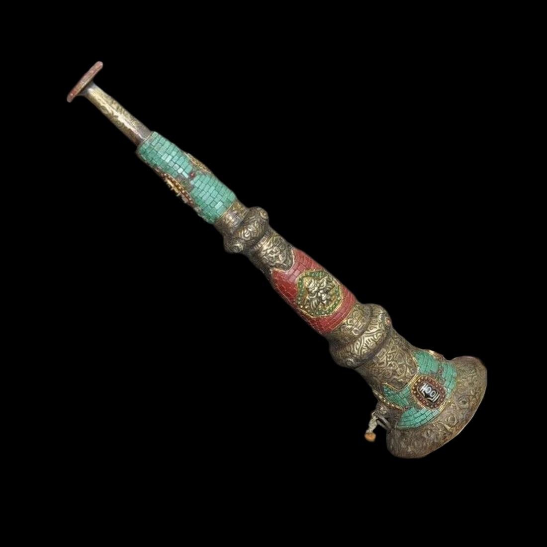 Vintage Bronze Tibetan Buddhism Temple Inlay Gem Agate Turquoise Trumpet: Size: Height 45 cm - Length 13 cm - Width 13 cm. Weight 2.6 kg. Materials: Bronze, agate, turquoise Condition: Resembles a retro aesthetic This trumpet horn statue features intricate metalwork crafted