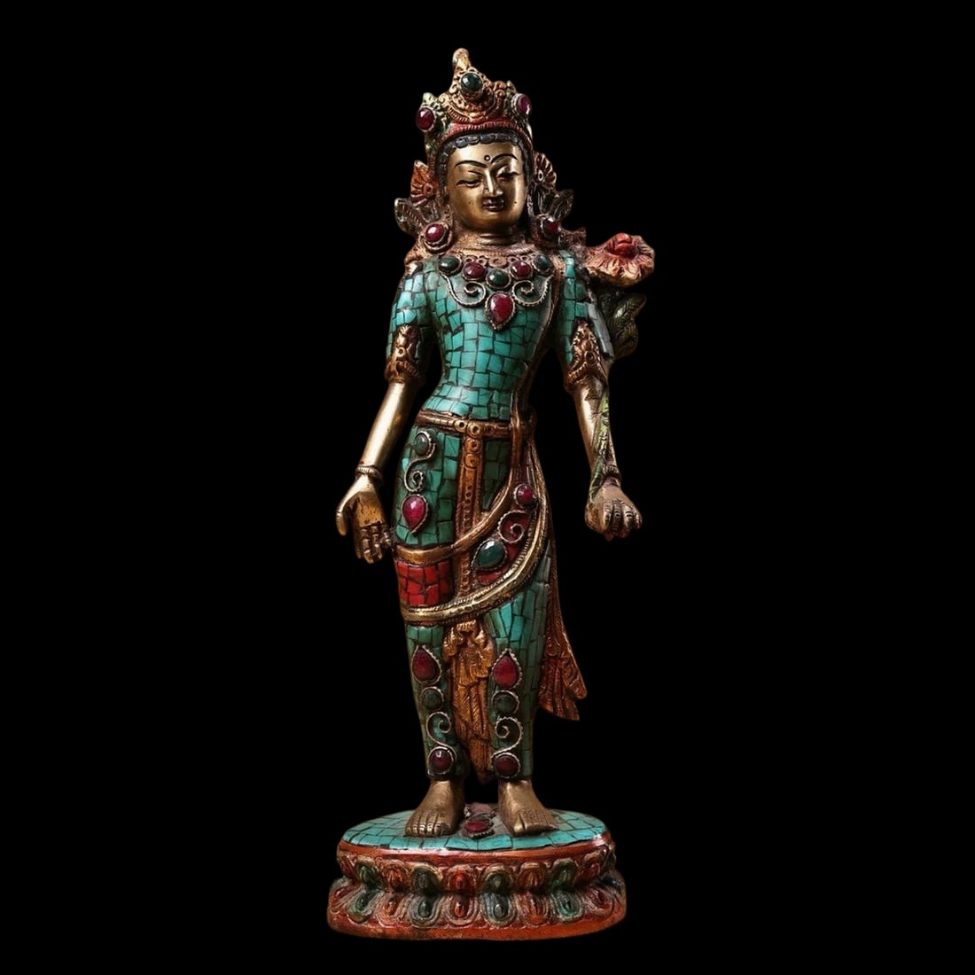 Vintage Copper Turquoise Gems Carving Stand Guanyin Goddess Statue: Size: Height 29 cm - Length 11 cm - Width 11 cm. Weight 2.2 kg. Materials: Bronze Condition: Excellent This bronze sculpture features intricate details and a refined form. The surface exhibits a deep 