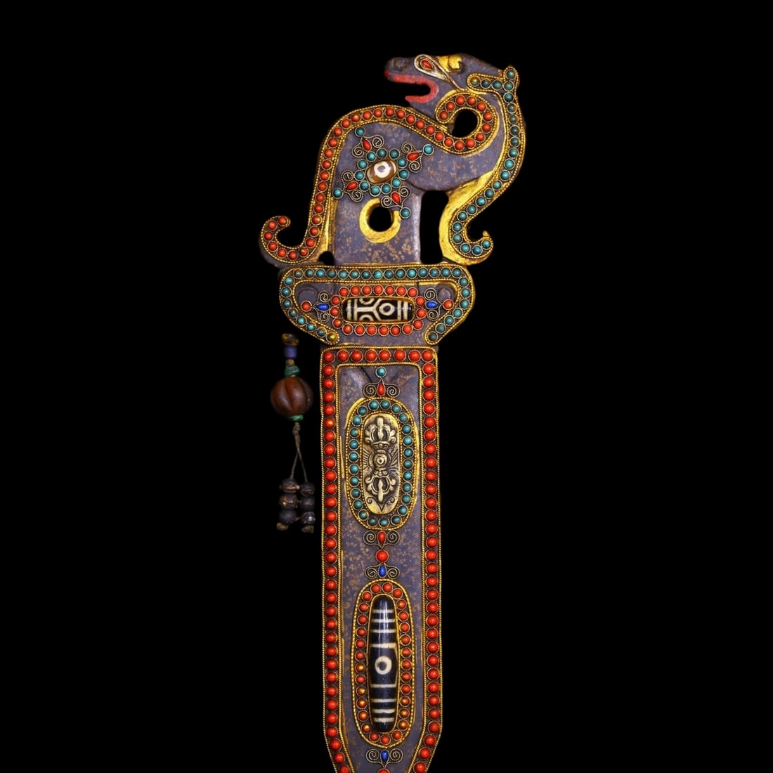 Asian Meteorite Gems Dzi Bead Tibet Buddhism Weapon Sword: Size: Height 37 cm - Length 10 cm - Width 1 cm. Weight 770 g. Materials: Meteorite, gems Condition: Excellent This ceremonial long sword, styled as a Buddhist ritual weapon or Faqi, features a strikin