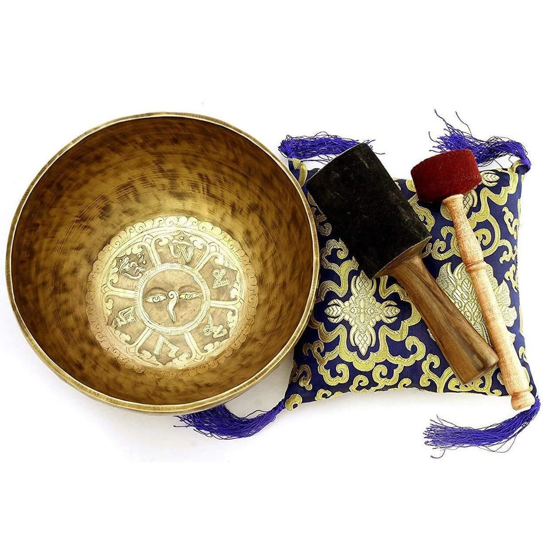 Vintage Tibetan Metal Healing Mantra Carved Meditation Singing Bowl: Size: Diameter 25 cm - Height 10 cm - Thickness 3 mm. Weight 1150 g. Materials: Brass, copper, silver Condition: Excellent This meditation singing bowl features a hand-hammered texture, showcasing the