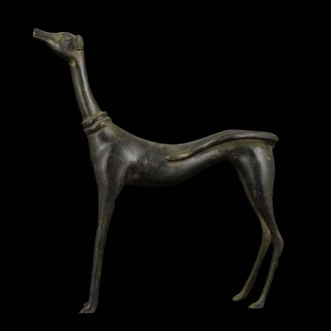 Antique Style Hand Work Large Bronze Dog Statue: Size: Height 22.9 cm - Length 17.8 cm - Width 3.8 cm. Weight 746 g. Materials: Bronze. Condition: Excellent. This bronze statue depicts a standing dog in a tall, upright, and attentive pose. The figur