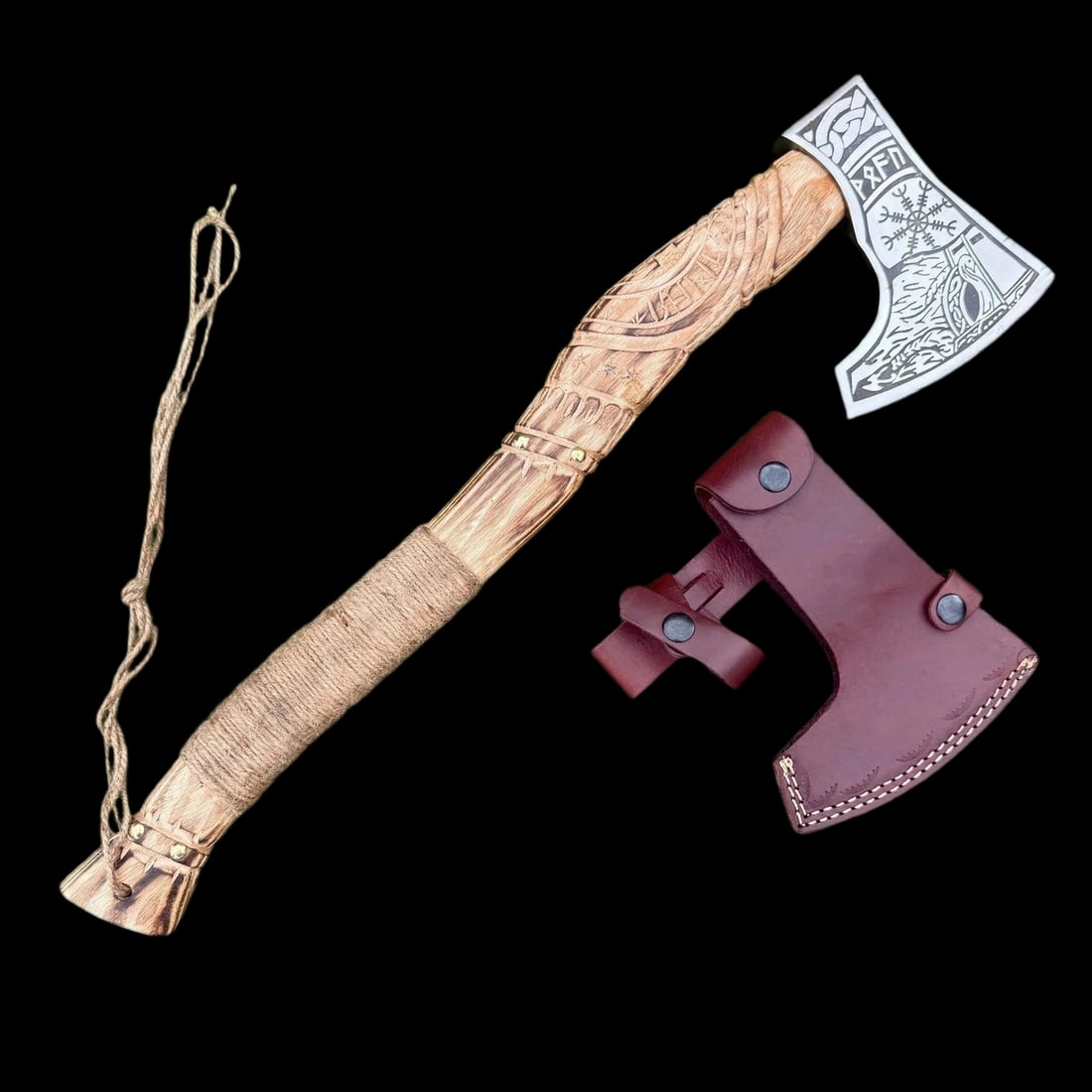 Custom Handmade Carbon Steel Viking Bearded Hatchet Axe: Size: Overall Length 53 cm - Blade Length 11 cm - Handle Length 53 cm. Weight 0.8 kg. Materials: Carbon steel, Olive wood Condition: New This custom axe features a forged carbon steel head paired with