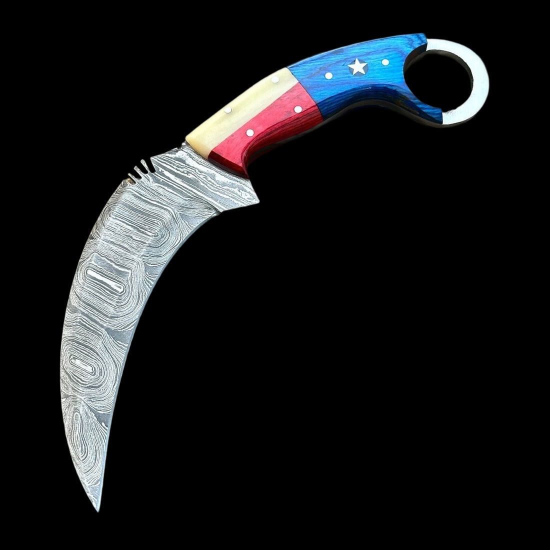 Handmade Damascus Steel Karambit Knife Tactical Claw Combat Outdoor: Size: Overall Length 23.5 cm - Blade Length 12.7 cm - Handle Length 10.8 cm. Weight 300 g. Materials: 4340 stainless steel, 1075 high carbon steel Condition: New This karambit knife features a fixed b