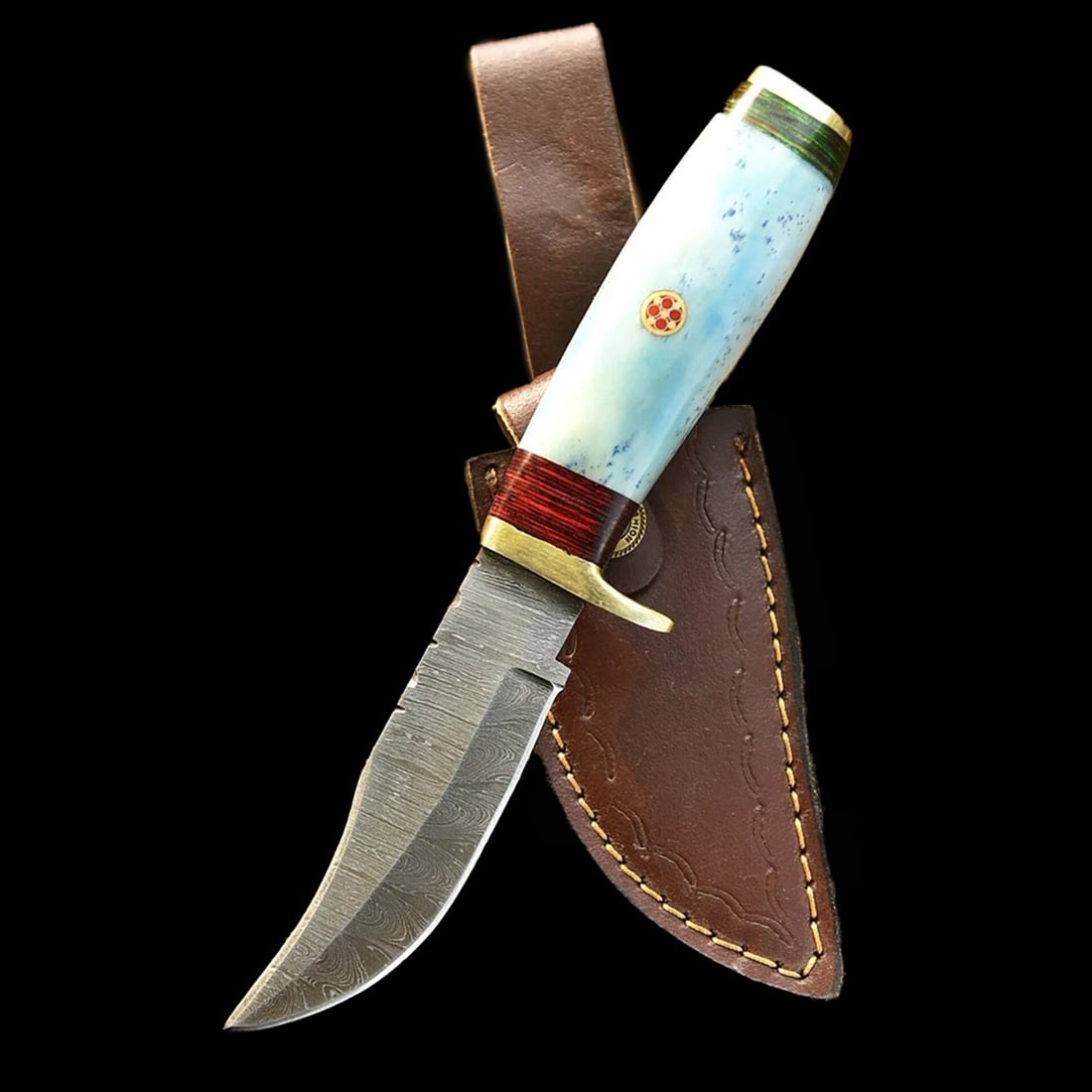 Custom Handmade Damascus Steel Hunting Skinning Knife Camel Bone Handle: Size: Overall Length 20 cm - Blade Length 10 cm - Handle Length 10 cm. Weight 350 g. Materials: Bone, Damascus steel, Leather Condition: New This hunting knife features a blade forged from 512 layers 