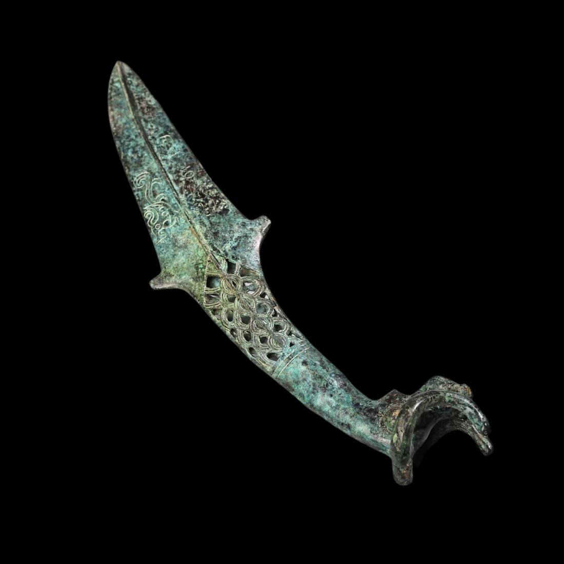 Archaic Style Bronzed Divine Essence Sculpture: Size: Length 35 cm. Weight 600 g. Materials: Copper, bronze. Condition: Excellent. This antique-style bronze ornament is inspired by traditional han dynasty ring-head designs, featuring a prominent