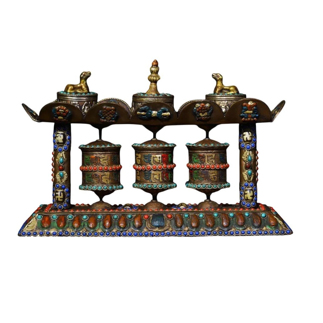 Bronze Gems Inlays Chinese Three Prayer Wheel (1 of 6)
