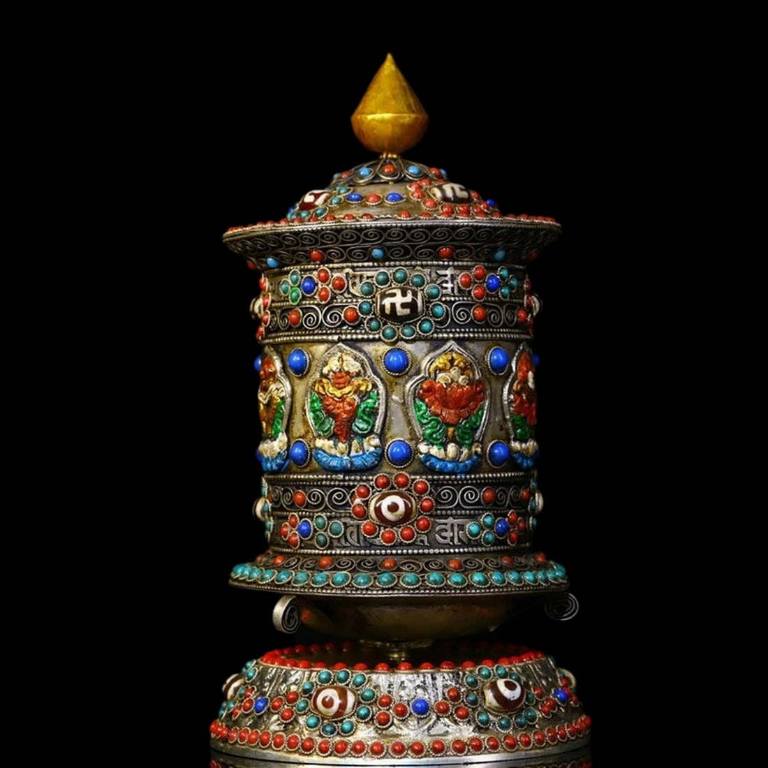 Retro Mosaic Gem Inlaid Mantra Motif Prayer Wheel (1 of 6)