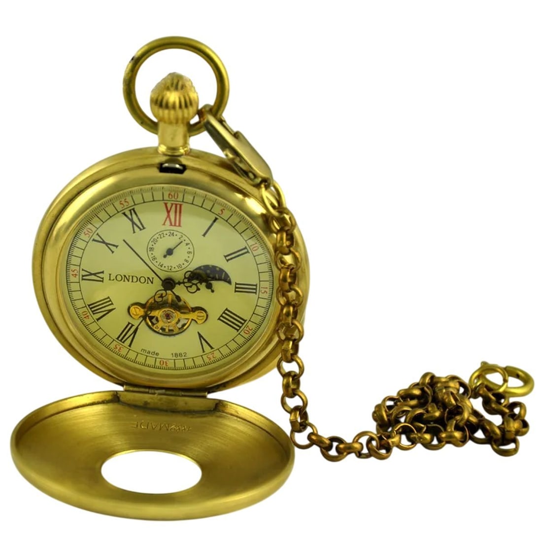 Vintage-Style Copper Mechanical Pocket Watch Clock: Size: Dial Diameter 5.5 cm - Case Thickness 1.7 cm - Chain Length 37.0 cm. Materials: Copper. Condition: Appears to have a classic aesthetic. Imperial copper antique-inspired 1882 vintage-style