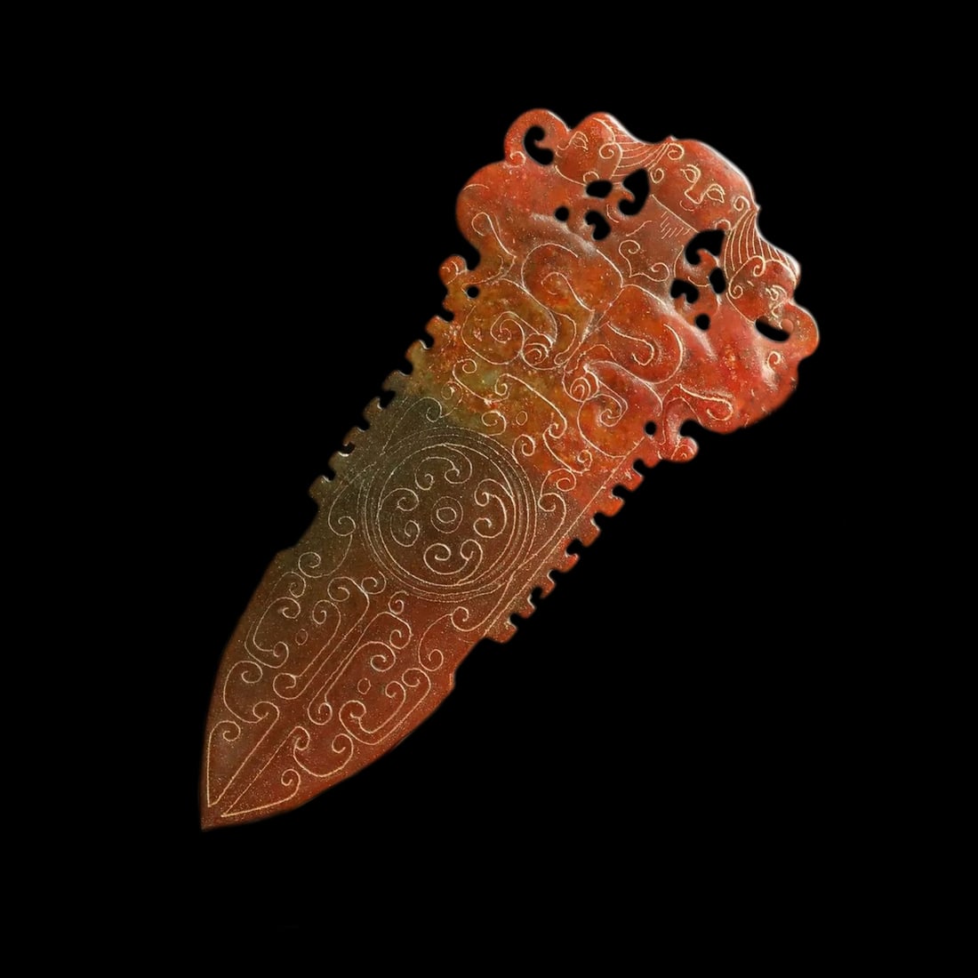 Hetian Jade Carved Bi Disc Dragon Design Figurine: Size: Height 19 cm - Width 8.6 cm - Thickness 0.7 ?m. Materials: Hetian jade. Condition: Looks like vintage. The sculpture is carved from Hetian jade, exhibiting a reddish-brown hue with subtle variat