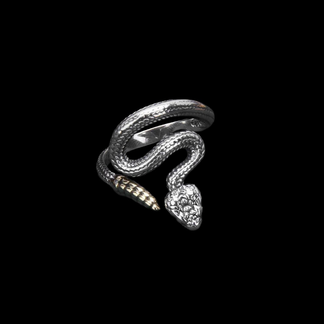 Adjustable Silver Snake Ring Brass Tail Design: Size: US 6–9.5. 2.8 mm x 20.5 mm. Diameter 52 mm–60 mm. Weight 4 g. Materials: 925 sterling silver, brass. Condition: New. This handmade 925 sterling silver ring is designed in the shape of a coil