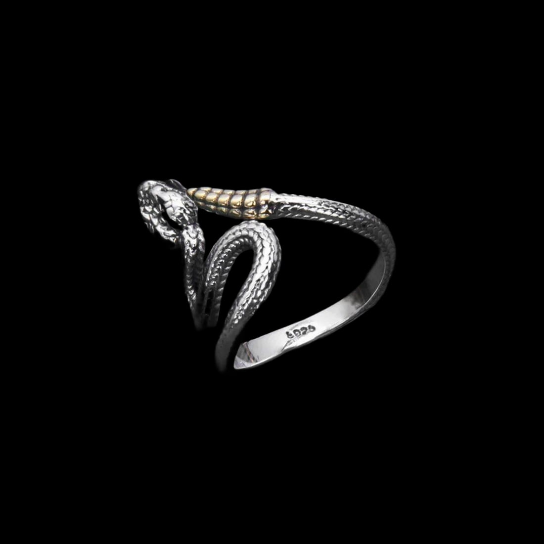 Adjustable Silver Snake Ring Brass Tail Design - 2