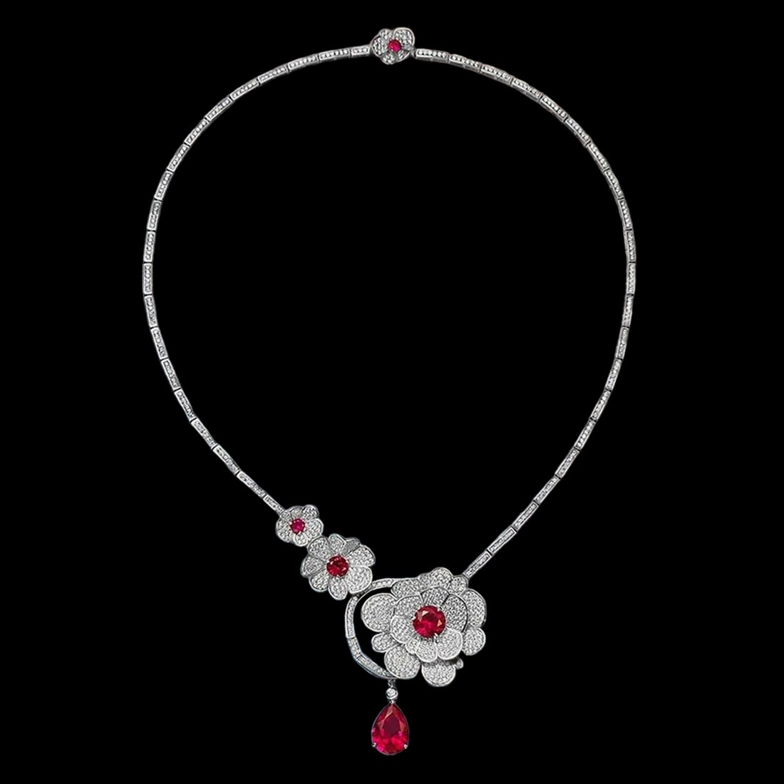 Floral Motif Pendant CZ Red Gems Silver Necklace: Size: Length 45 cm. Weight 20 g. Materials: 925 sterling silver, cubic zirconia. Condition: New. This elegant necklace showcases a delicate flower-shaped pendant, meticulously crafted from 925 sterlin