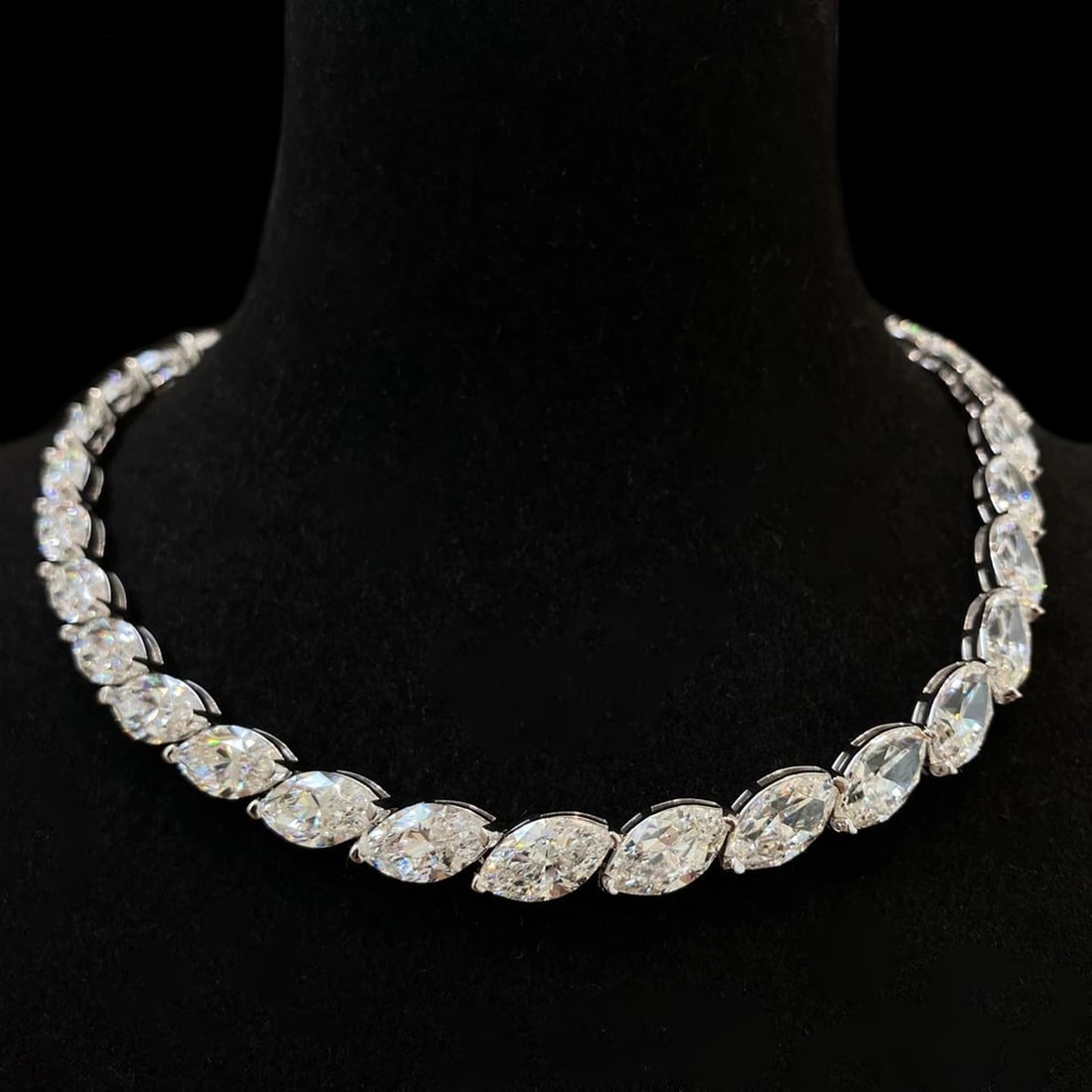 Rare Lab-Sapphire Inlaid Sterling Silver Necklace: Size: Weight 50 g. Materials: 925 Sterling silver, lab-grown sapphires. Condition: New. This elegant tennis necklace is crafted from sterling silver and adorned with a series of marquise-cut lab-grown