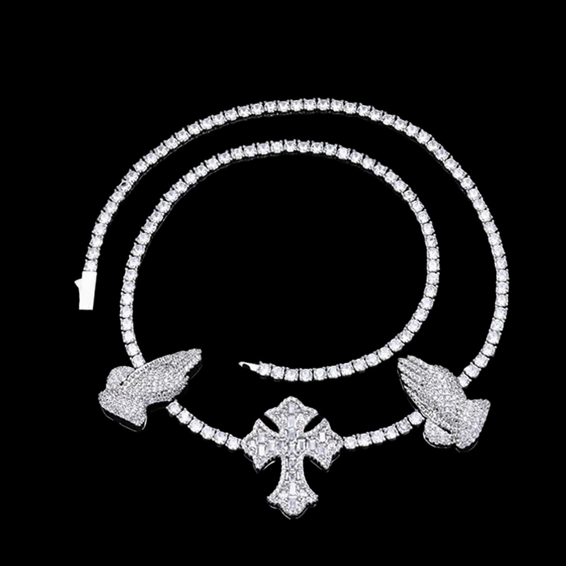 Sterling Silver Hip-Hop Chain Cross Style Necklace: Size: Length 56 cm - Width 3 mm. Materials: 925 sterling silver, moissanite. Condition: New. This cross necklace features a striking "ice out" design, crafted from 925 sterling silver and adorned with