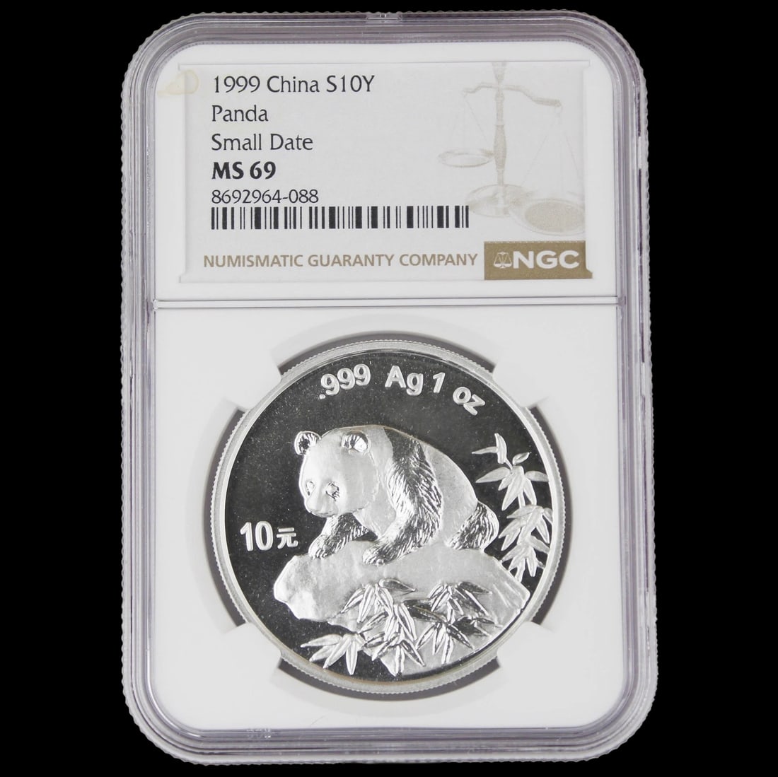 Numismatic Collectible Silver 999 1 Oz Panda Coin: Size: Diameter 4 cm. Weight 30 g. Materials: 999 silver. Condition: New. This 1999 Chinese Silver Panda coin contains 1 troy ounce of silver with a purity of .999 fine silver and has a face value of 1