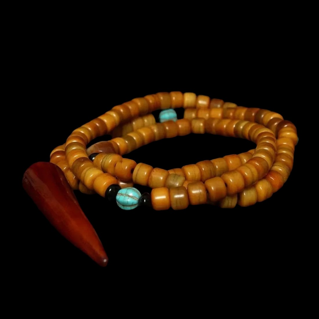 Retro-Inspired 108-Bead Mala Necklace Pendant: Size: Weight 117 g. Number of beads 108. Materials: Nephrite, bone Condition: Resembles a retro aesthetic. This piece is a long strand of 108 elongated barrel-shaped beads in a retro style, mostly in 