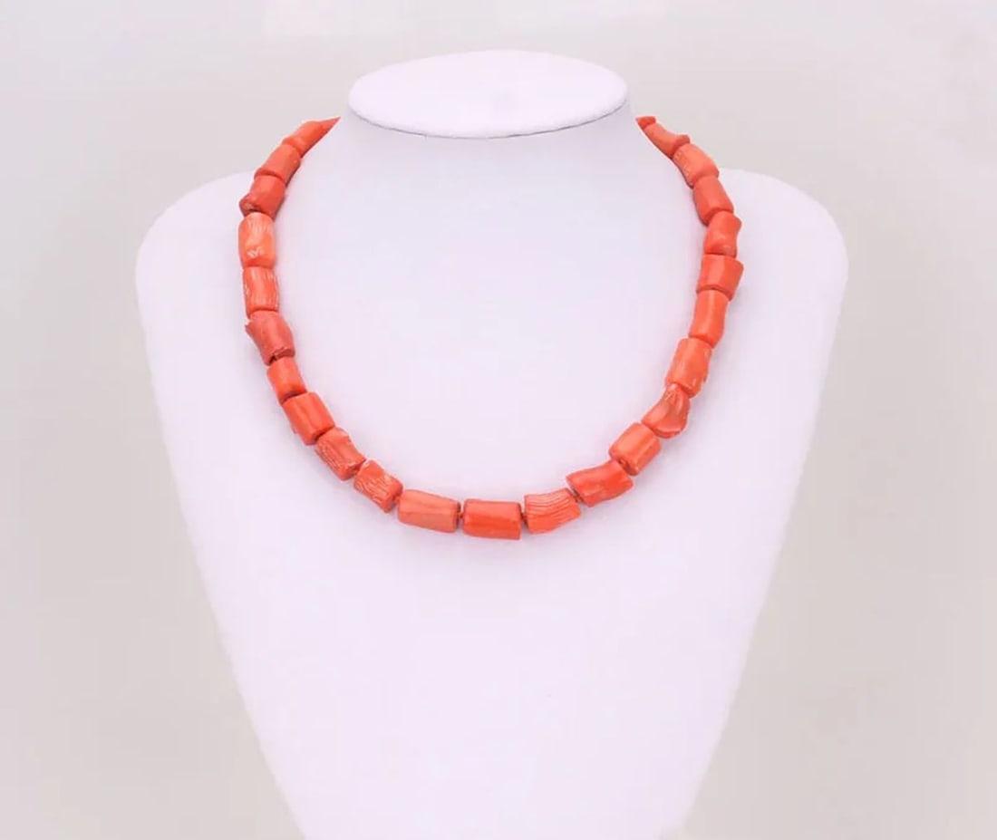 Coralline Beads Necklace Orange Gemstone Jewelry: Size: Length 45.7 cm. Material: Coral. Condition: Flawless preservation condition. This orange nature coral beads necklace, each displaying a rich, warm hue. The necklace showcases the coral's natural