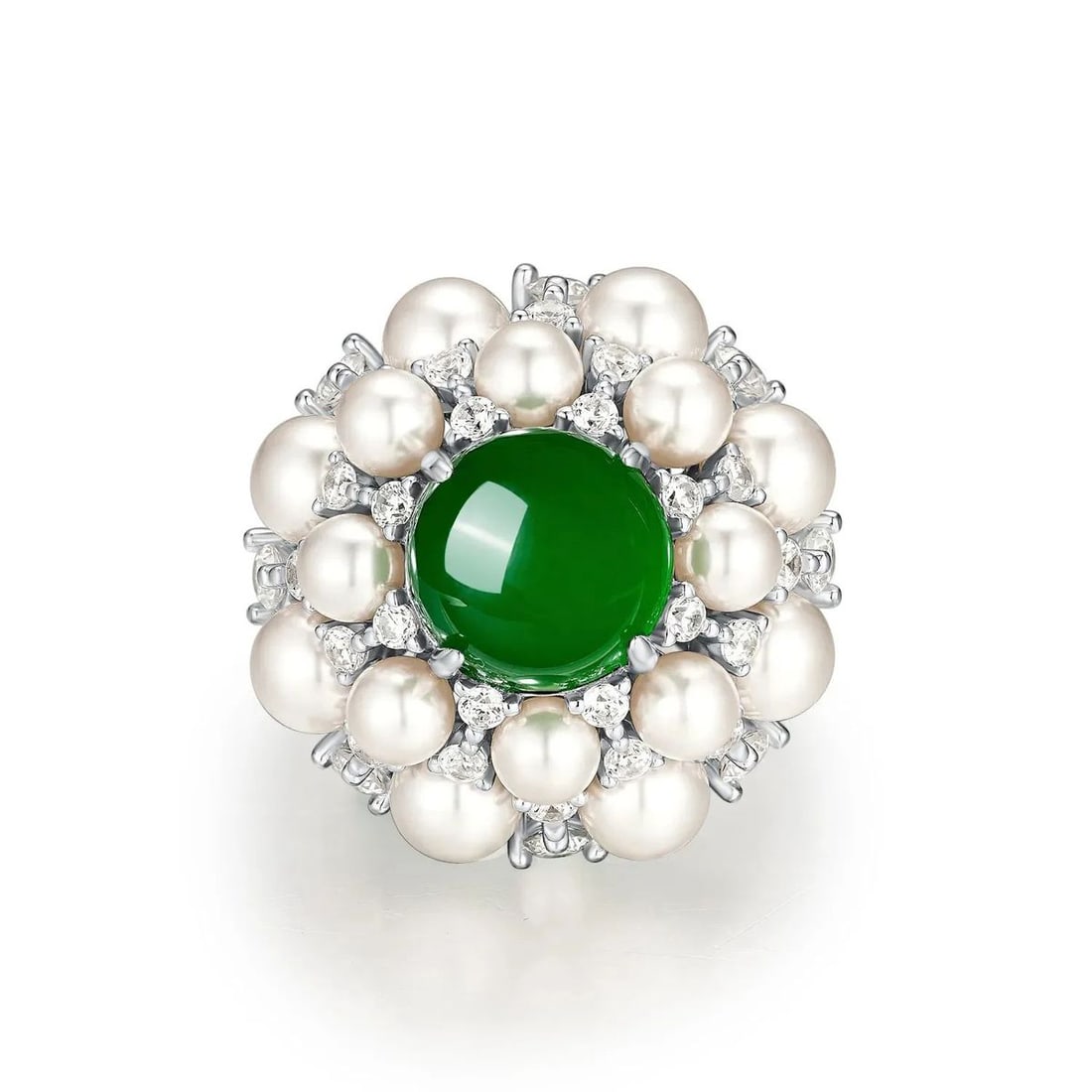 Excellent Sterling Silver Zircon Agate Pearl Ring: Size: 5. Weight 10 g. Materials: 925 sterling silver, zircon, green agate, fresh-water pearl. Condition: New. This ring is crafted from 925 sterling silver, accented with vibrant green agate stone,