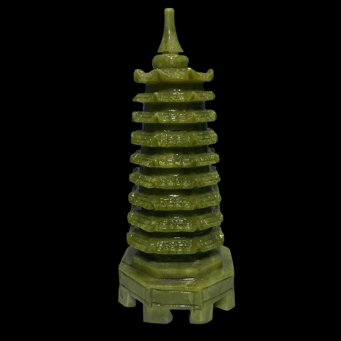 Chinese Jade Pagoda Tower Sculpture Hand-Carved: Size: Height 14.5 cm - Width 6 cm. Weight 400 g. Materials: Jade. Condition: Resembles a retro aesthetic. This vintage-style crystal jade pagoda figurine is skilfully hand-carved to resemble the