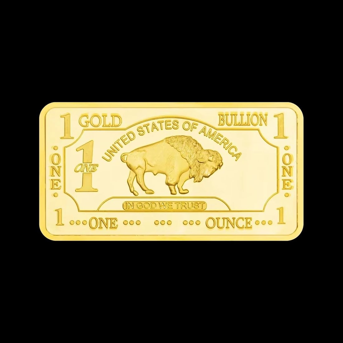 American Dollar Bull Design Gold Bar Iron Replica: Size: Height 2.8 cm - Length 5 cm - Width 0.3 cm. Weight 28.3 g. Materials: Iron with plated gold. Condition: New. This item is an gold-plated iron replica of a bar, designed in the style of an Americ