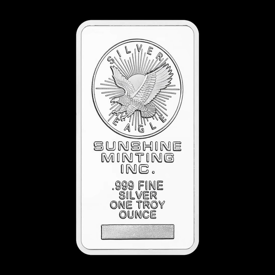 American Silver Eagle Design Silver Bar Replica: Size: Height 5 cm - Width 0.28 cm - Thickness 0.2 cm. Materials: Iron with plated silver. Condition: New. This bar replica, made from iron with silver plating, pays homage to the iconic designs of Sun