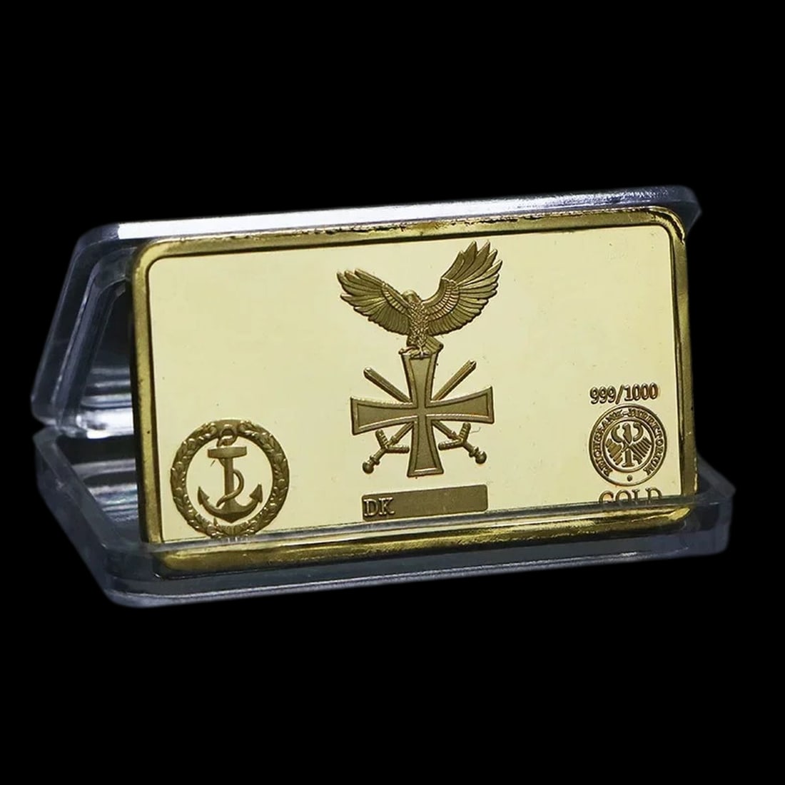 Collectible Gilt Ingot War Boat Replica Bar Eagle: Size: Length 4.5 cm - Width 2.9 cm - Thickness 0.3 cm. Materials: Gold-plated iron. Condition: New. This replica of commemorative gold-plated iron ingot is dedicated to the German Navy (Deutsche