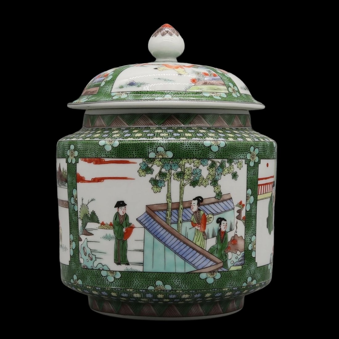 Hand-Painted Vintage-Style Ceramic Jar Figures: Size: Height 21 cm - Mouth diameter 11 cm - Diameter 16 ?m. Materials: Ceramic, namel. Condition: Looks like vintage. This is a vintage-style hand-painted ceramic jar with a lid. The jar has a cylindr