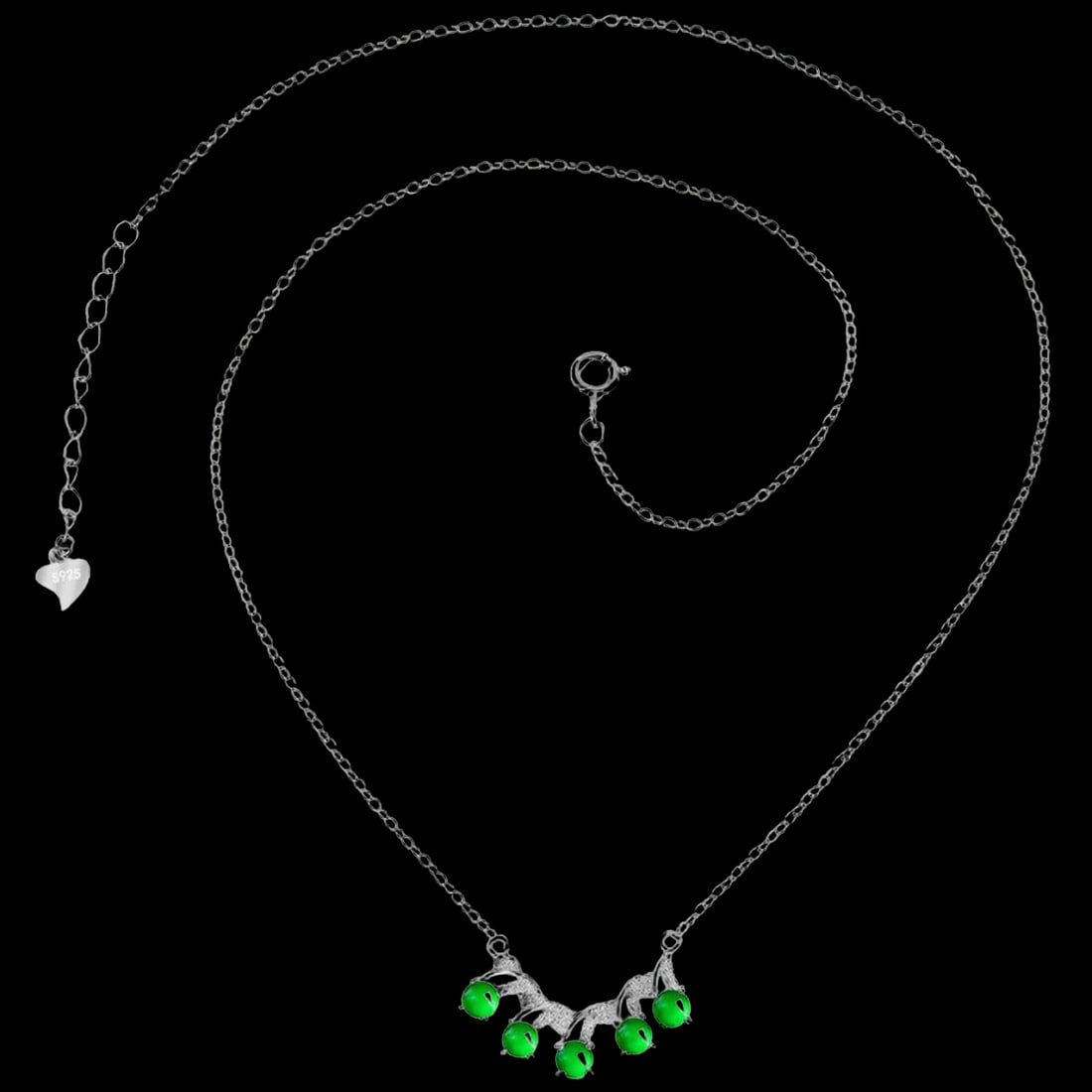 Rare Five Green Jade Beads Silver Pendant Necklace: Size: Bead diameter 3 mm. Weight 60 g. Materials: 925 silver, green jade. Condition: New. This delicate pendant and necklace set features a chain of natural green jadeite beads, suspended on fine 925