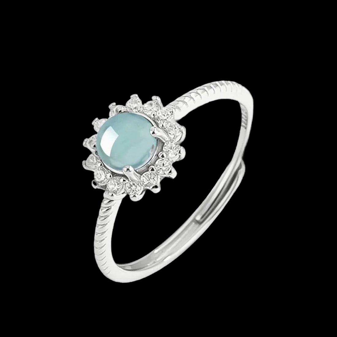 Elegant Blue Water Hue Jadeite Stone Silver Ring: Size: Adjustable band. Weight 1.6 g. Materials: Jade, 925 silver, synthetic stones. Condition: New. This elegant ring features a jade stone in a soft blue water hue, set in S925 sterling silver. A