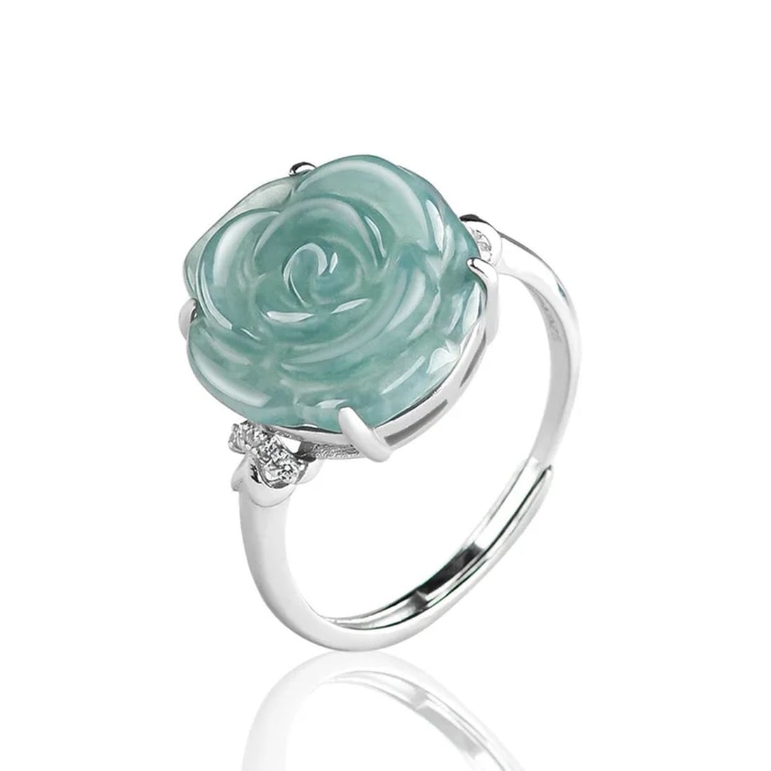 Hand-Carved Blue Hue Jade Silver Adjustable Ring: Size: Suitable for finger circumference 16–20 mm. Weight 3.3 g. Materials: Jade, 925 silver, synthetic stones. Condition: New. This elegant ring features jade in the shape of a rose flower with the