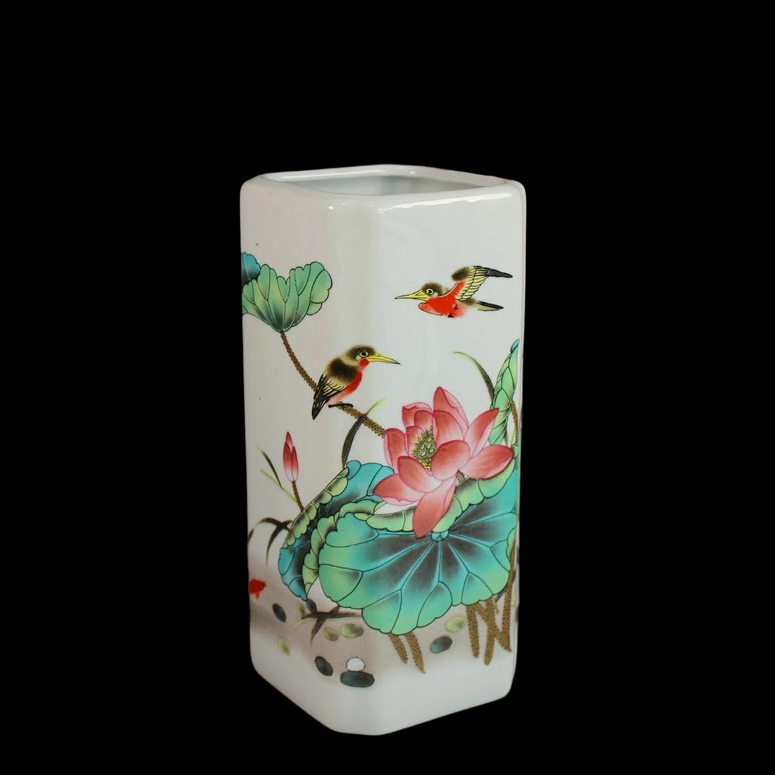 Colorful Birds Lotus Pattern Ceramic Pen Holder: Size: Height 18 cm - Width 7.8 cm. Materials: Porcelain, enamel. Condition: Appears to have a classic aesthetic. Inspired by Jingdezheng during the Qing Qianlong Dynasty, this square-shaped porcelain 