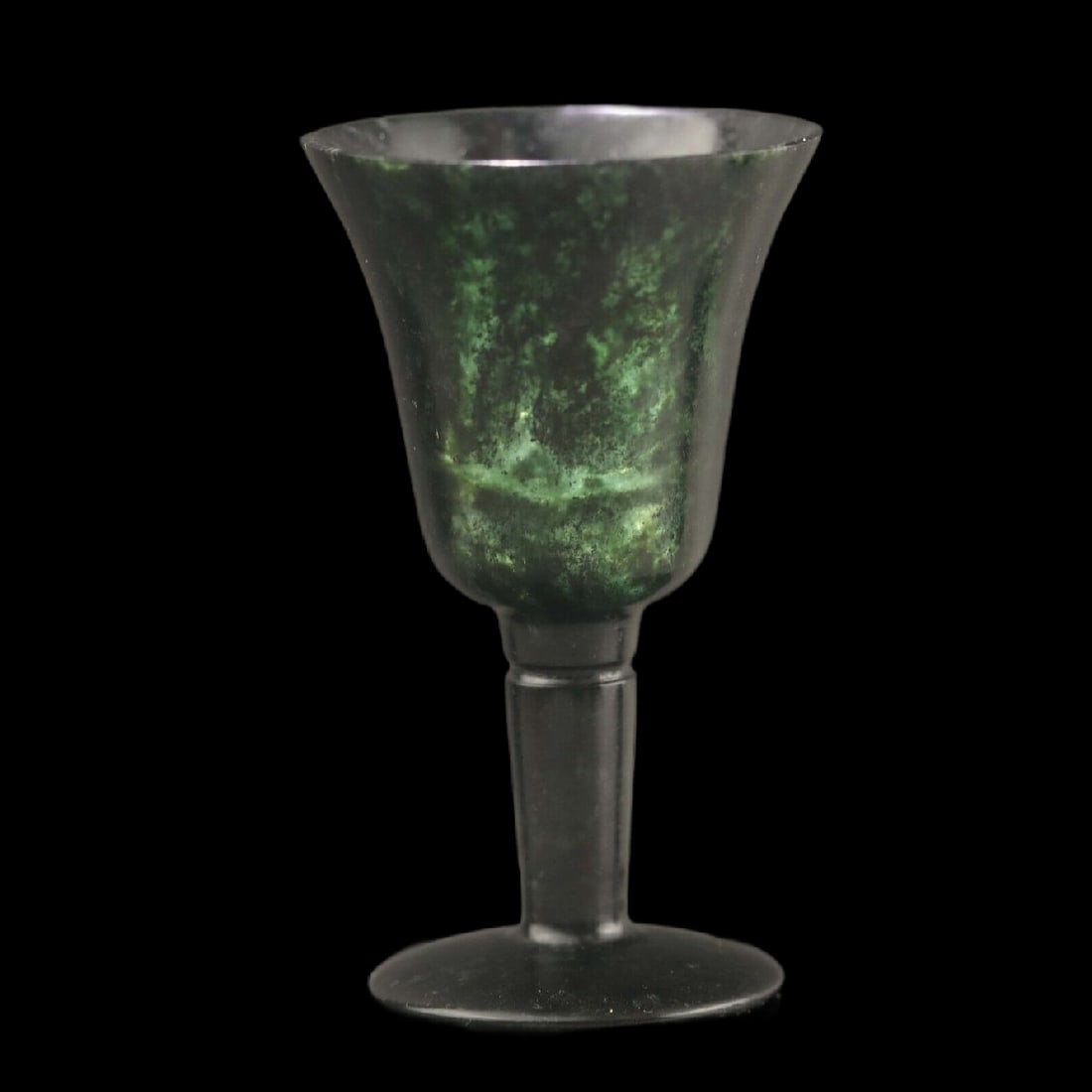 Vintage-Style Green Nephrite Carved Cup Goblet: Size: Height 6.6 cm - Width 3.8 cm. Materials: Green jade. Condition: Excellent. This hand-carved is a small jadeite cup on a pedestal. The jadeite has a dark, almost black color with green veins and 