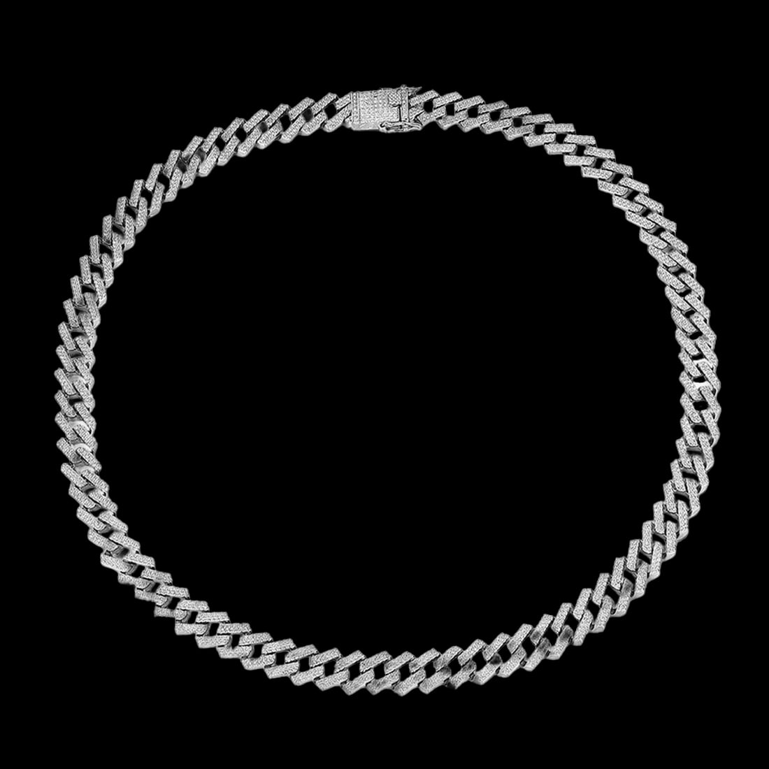 Rare Silver Hip-Hop Necklace Cuban Chain CZ Inlaid: Size: Length 45 cm - Width 1 cm. Materials: .925 Sterling Silver, CZ. Condition: New. This .925 sterling silver hip-hop style Cuban chain necklace features 5A zircon inlaid, providing a luxurious shin