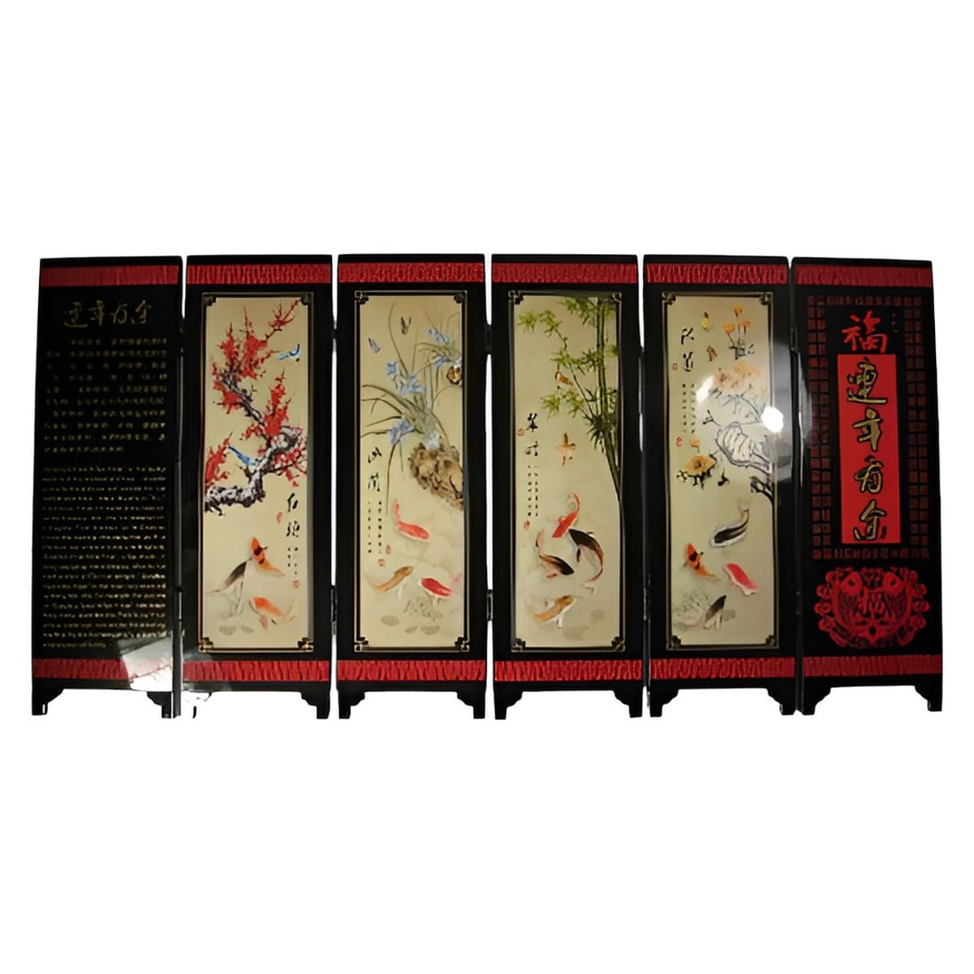 Six-Panel Folding Wood Screen Lotus Koi Artwork: Size: Height 23 cm - Length 45 cm. Box length 27.5 cm - Width 12 cm - Thickness 5.5 cm. Weight 740 g. Number of panels 6 units. Materials: Wood. Condition: Appears to have a classic aesthetic. This is