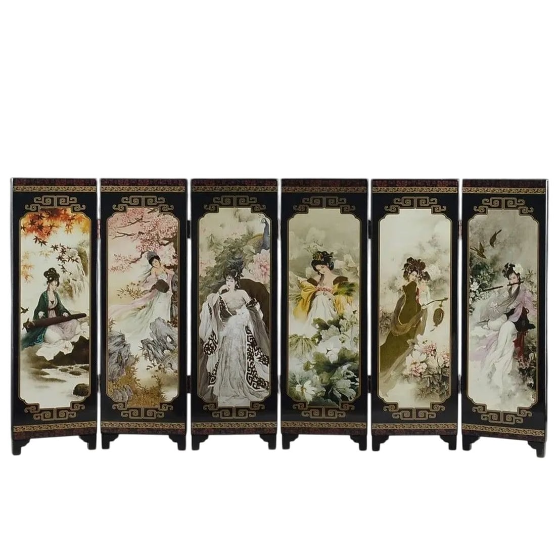 China Lacquer Folding Screen Women Golden Patterns (1 of 12)