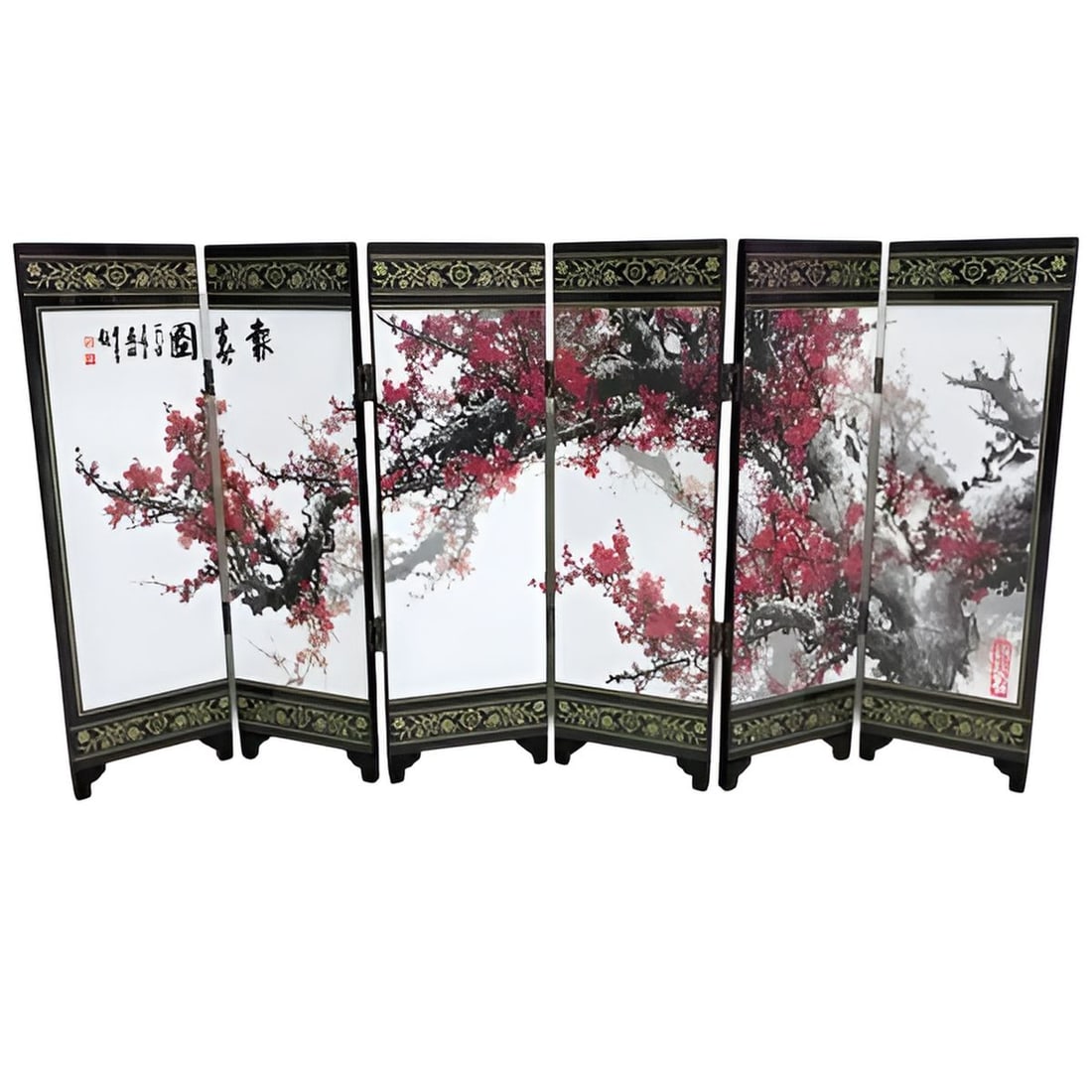 Folding Screen Red Plum Tree Motif Golden Frames - 2